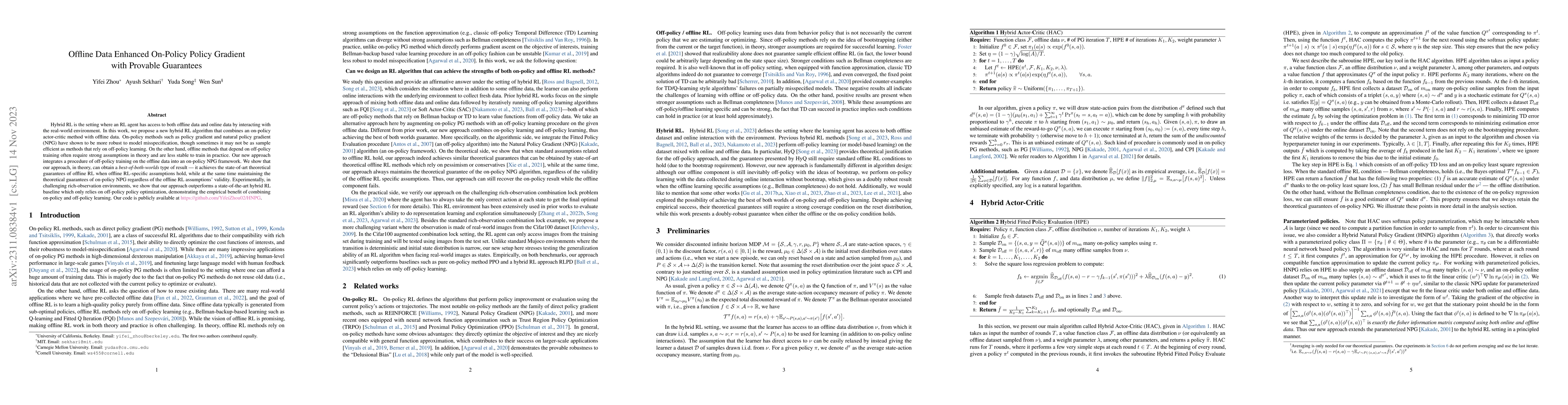 Thumbnail for Offline Data Enhanced On-Policy Policy Gradient with Provable Guarantees