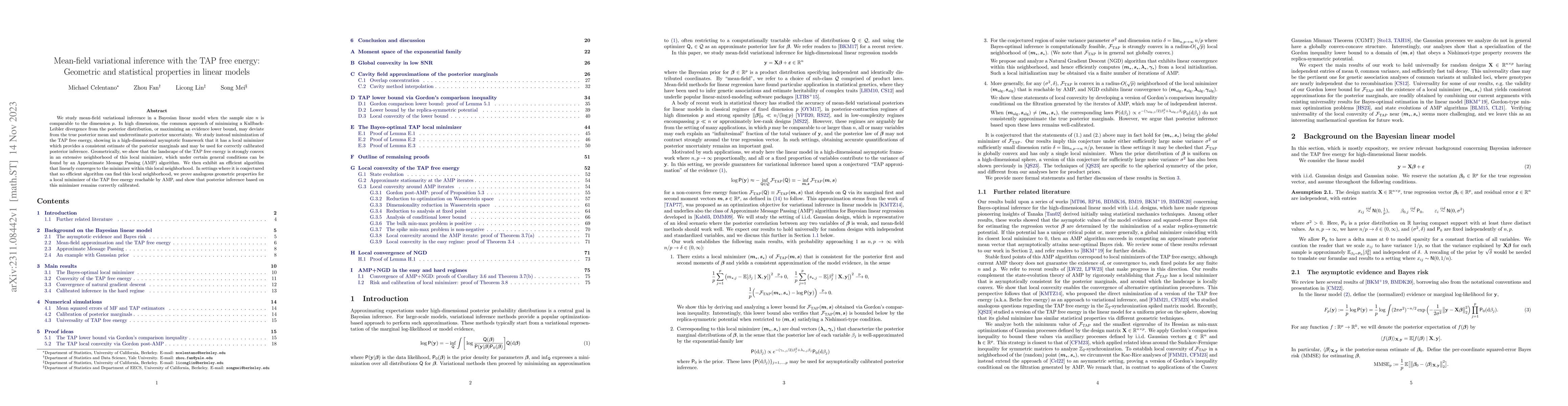 Thumbnail for Mean-field variational inference with the TAP free energy: Geometric and
  statistical properties in linear models