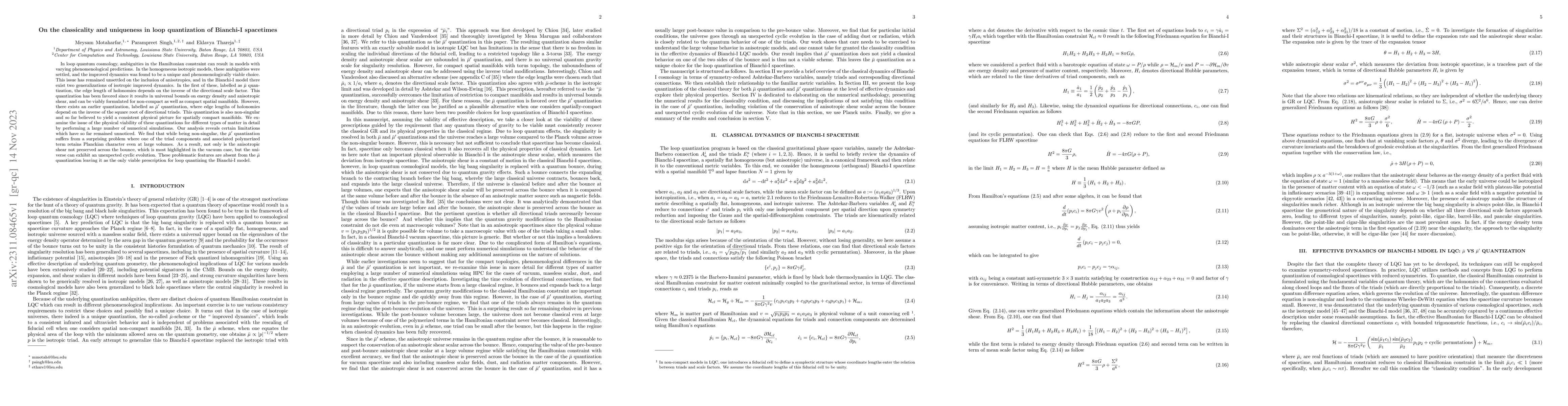 Thumbnail for On the classicality and uniqueness in loop quantization of Bianchi-I
  spacetimes