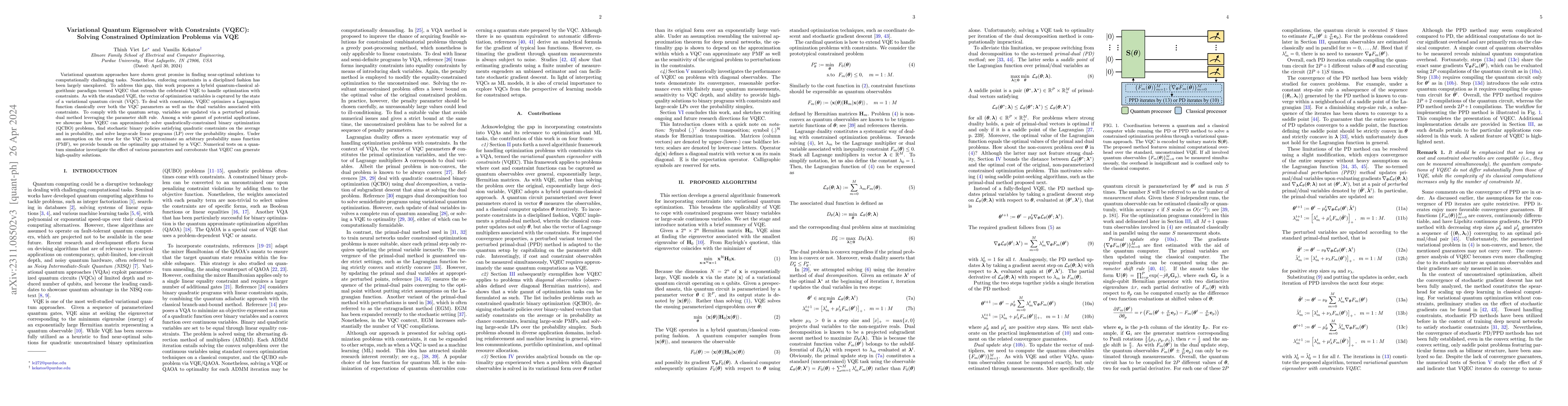 Thumbnail for Variational Quantum Eigensolver with Constraints (VQEC): Solving
  Constrained Optimization Problems via VQE