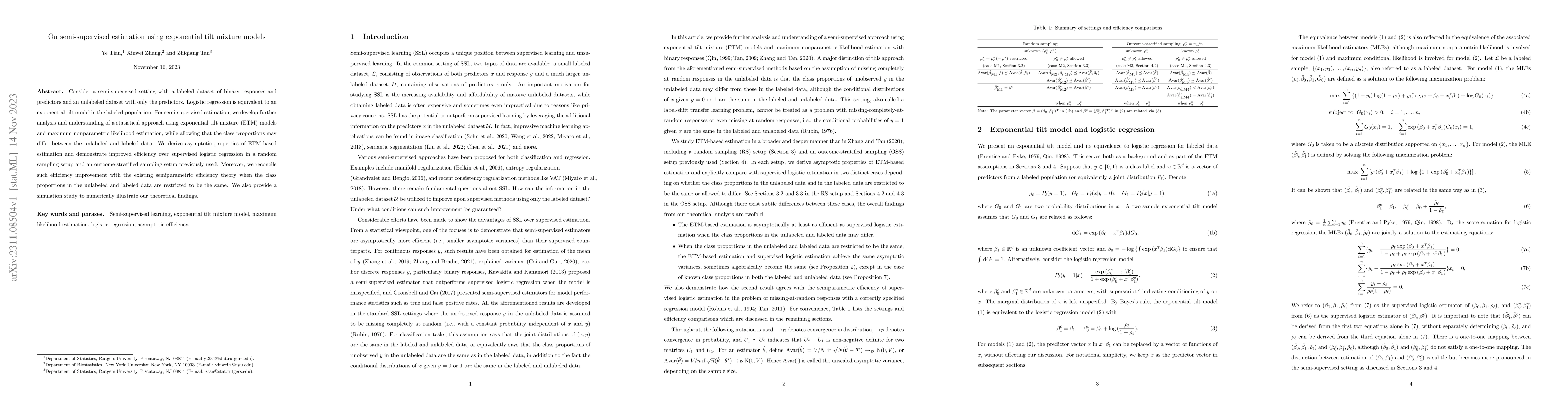 Thumbnail for On semi-supervised estimation using exponential tilt mixture models