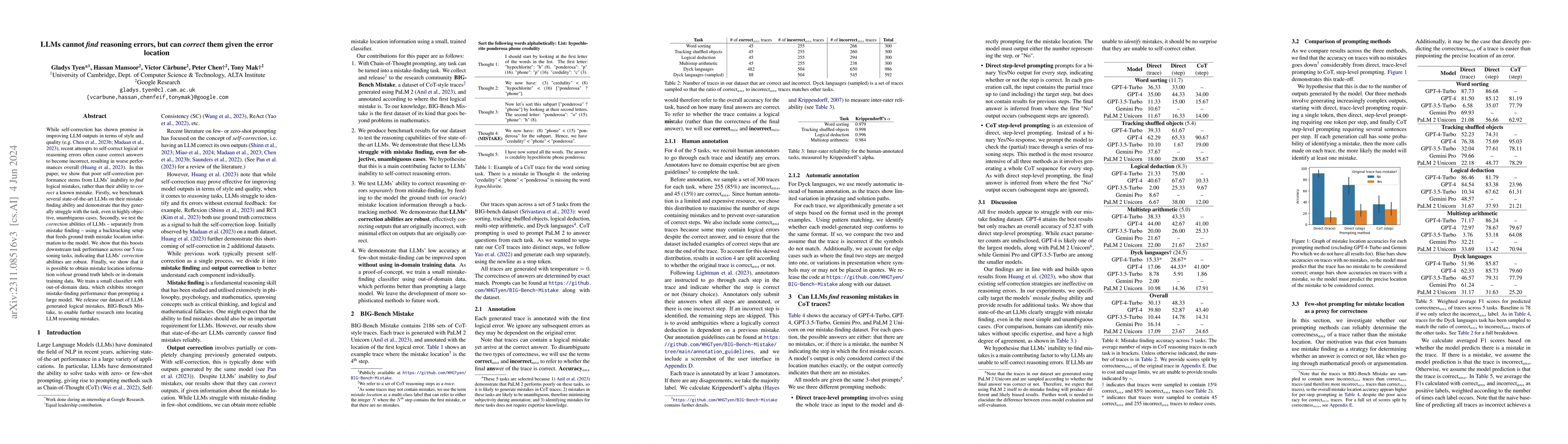 Thumbnail for LLMs cannot find reasoning errors, but can correct them given the error
  location