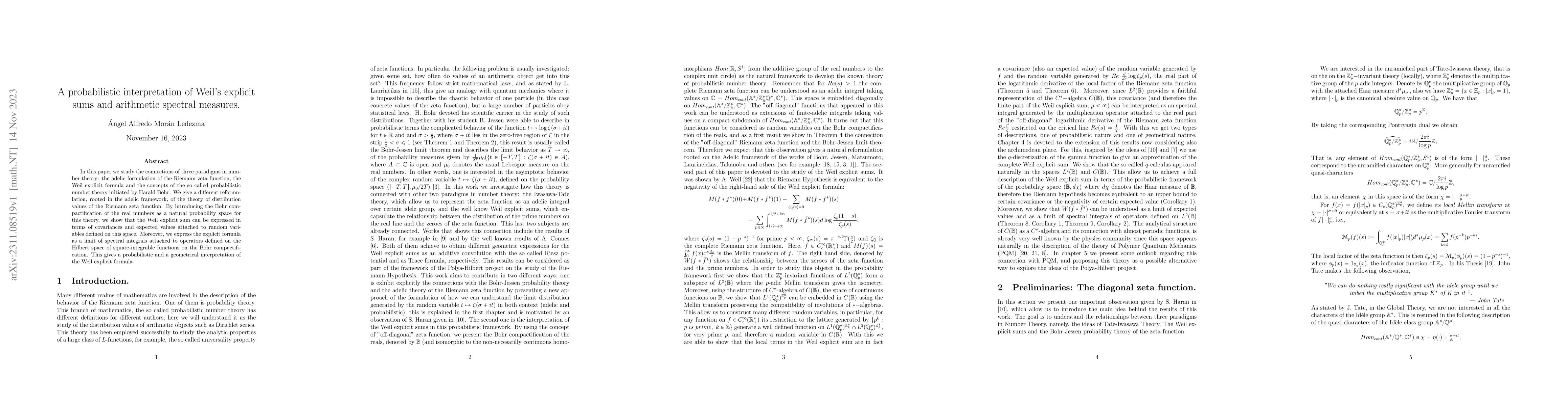 Thumbnail for A probabilistic interpretation of Weil's explicit sums and arithmetic
  spectral measures