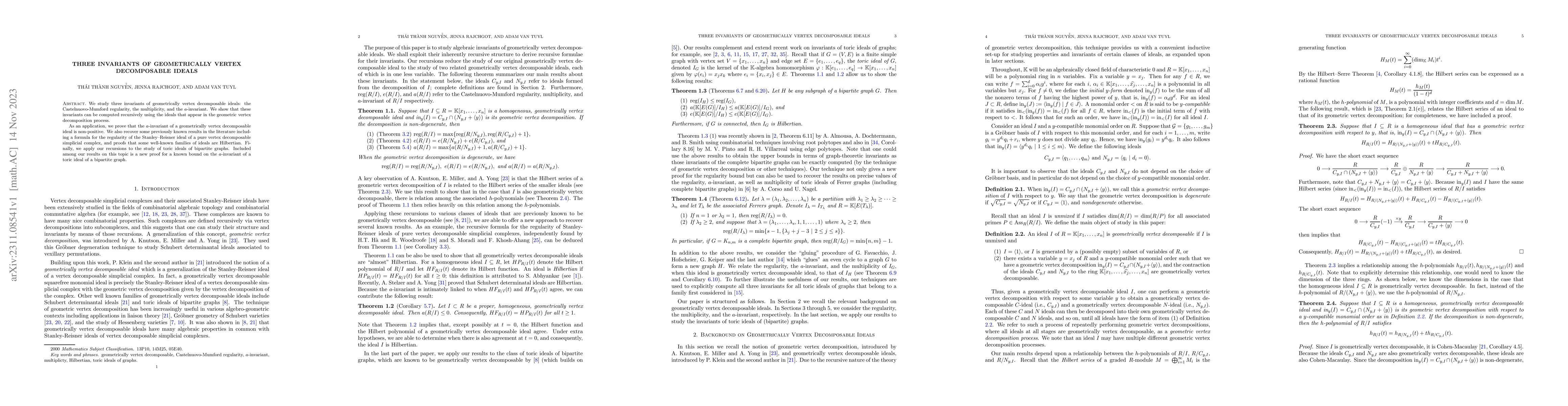 Thumbnail for Three invariants of geometrically vertex decomposable ideals