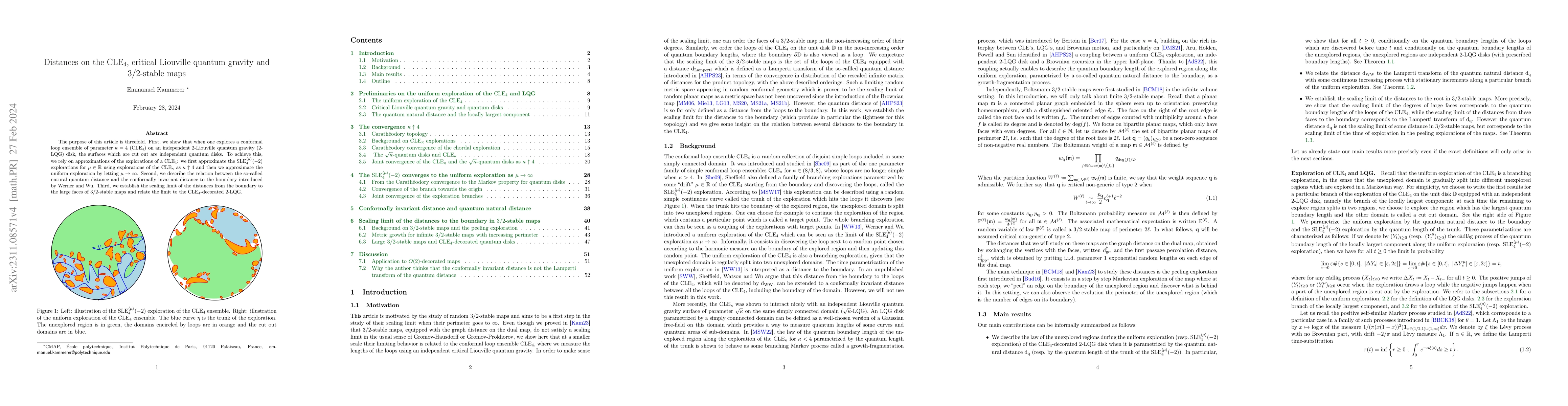 Thumbnail for Distances on the $\mathrm{CLE}_4$, critical Liouville quantum gravity
  and $3/2$-stable maps