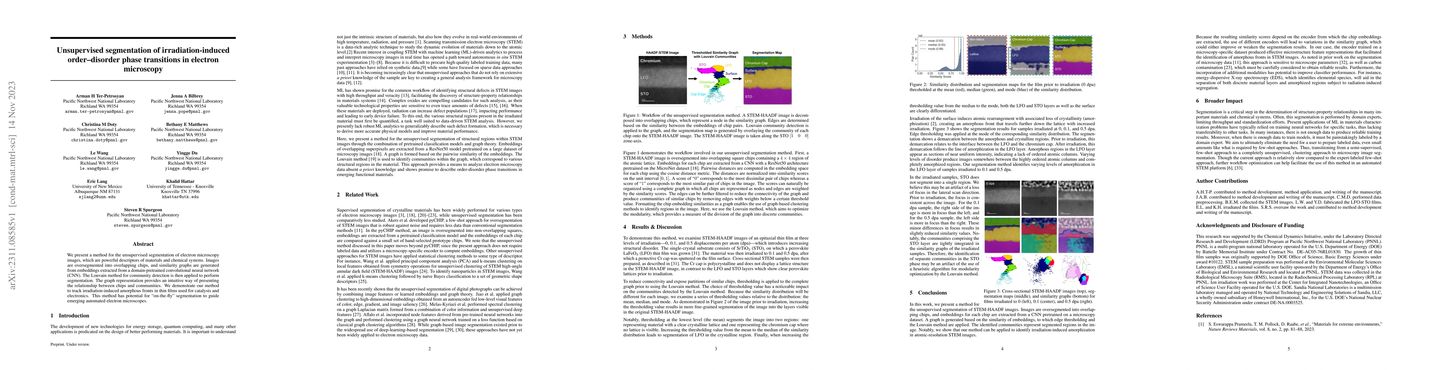 Thumbnail for Unsupervised segmentation of irradiation$\unicode{x2010}$induced
  order$\unicode{x2010}$disorder phase transitions in electron microscopy