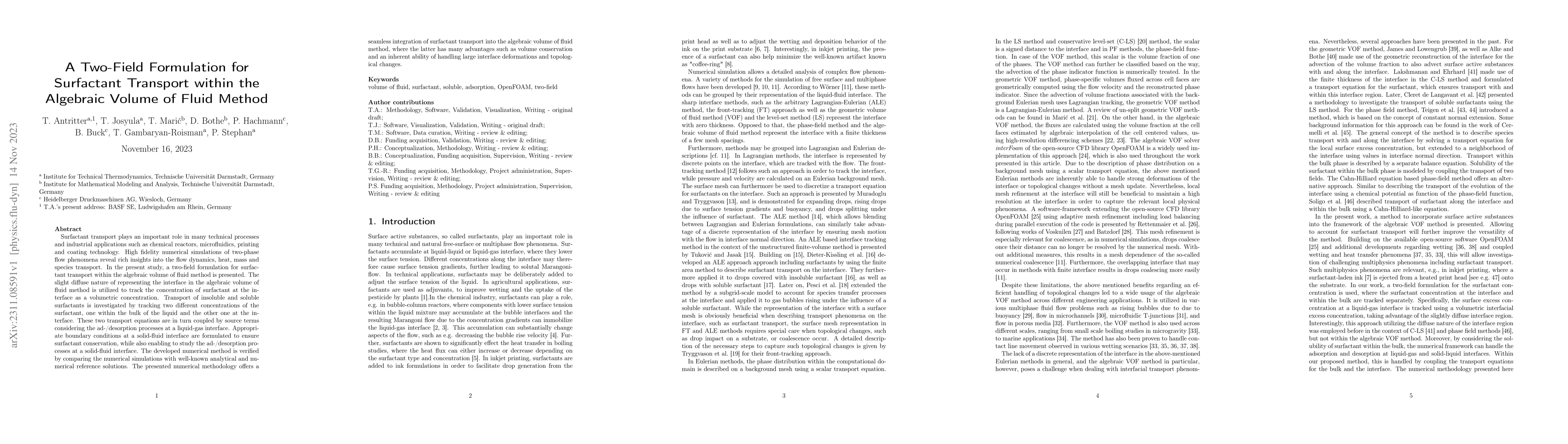 Thumbnail for A Two-Field Formulation for Surfactant Transport within the Algebraic
  Volume of Fluid Method