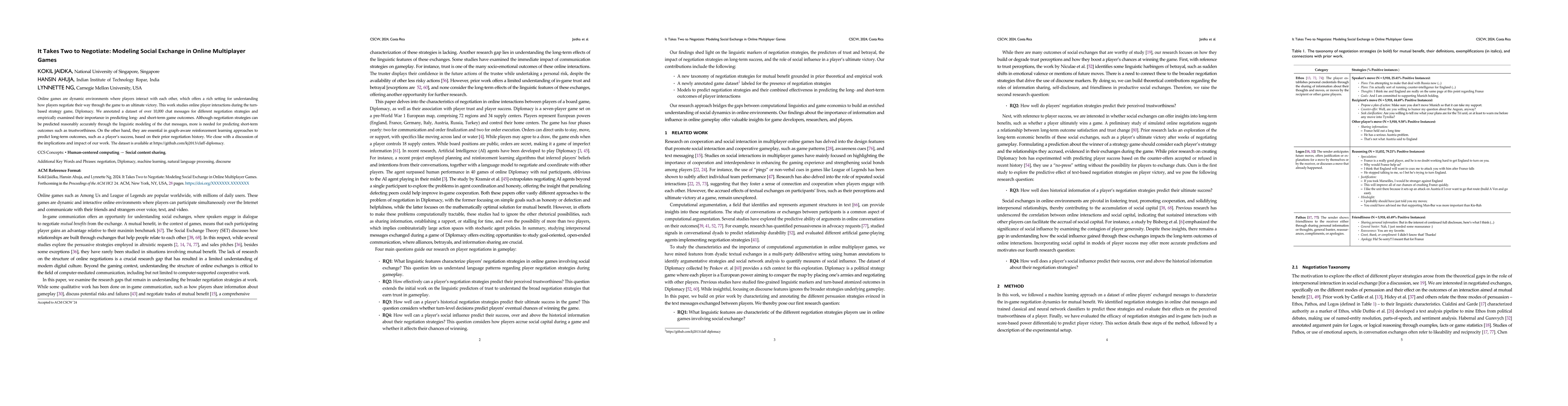Thumbnail for It Takes Two to Negotiate: Modeling Social Exchange in Online
  Multiplayer Games
