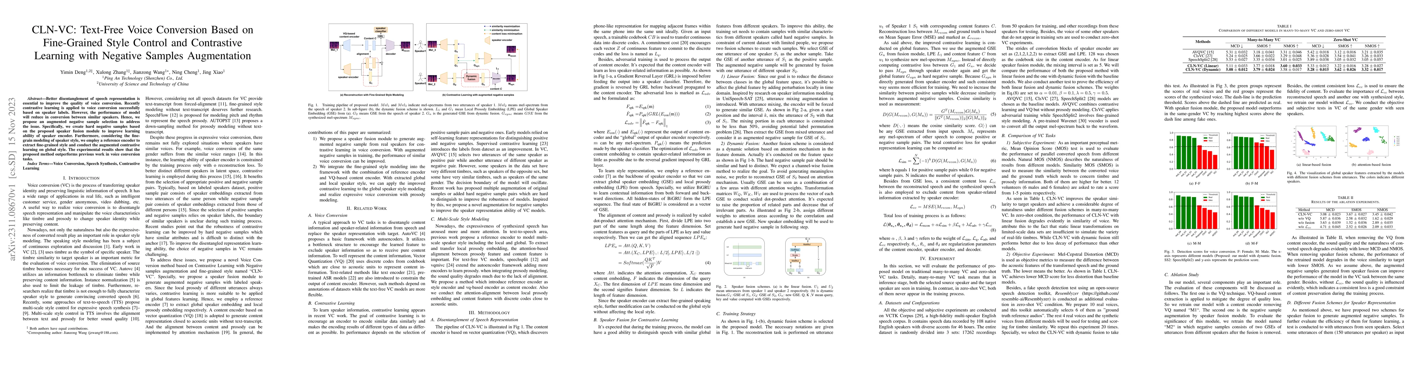 Thumbnail for CLN-VC: Text-Free Voice Conversion Based on Fine-Grained Style Control
  and Contrastive Learning with Negative Samples Augmentation