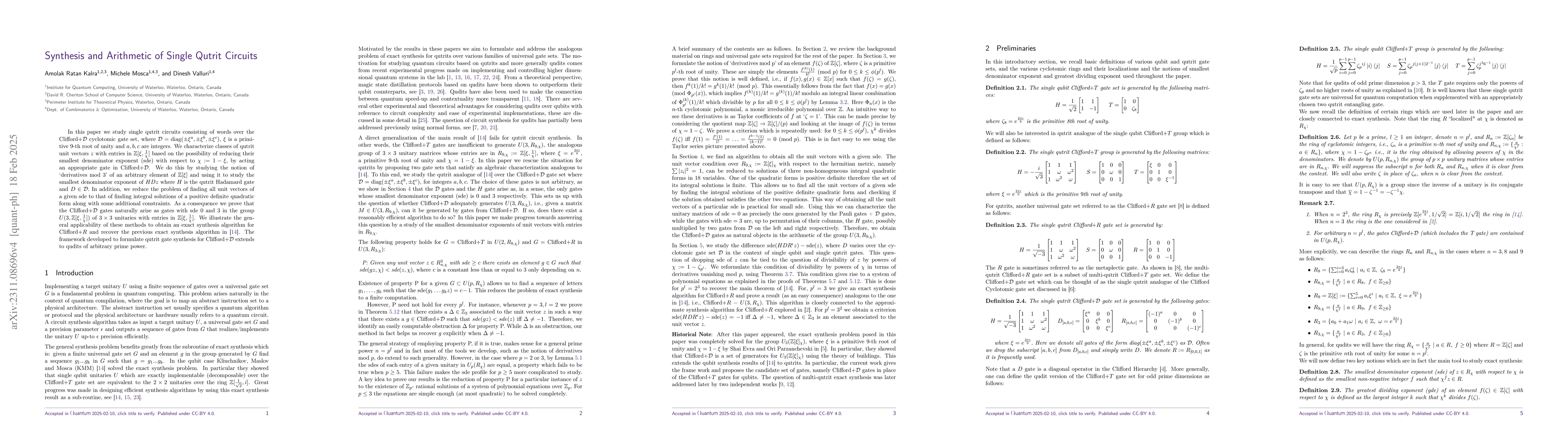 Thumbnail for Synthesis and Arithmetic of Single Qutrit Circuits