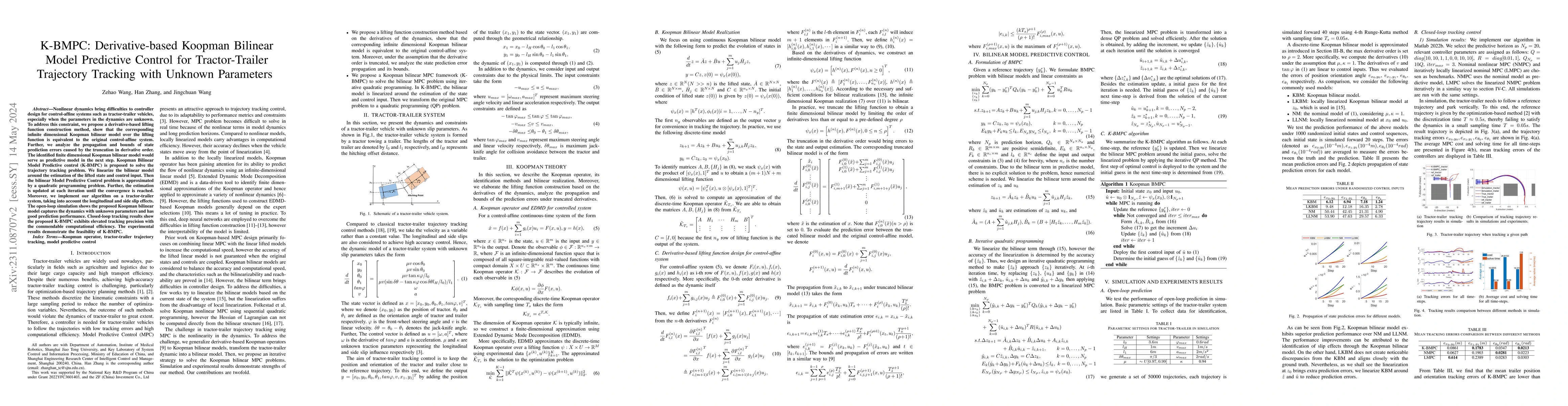 Thumbnail for K-BMPC: Derivative-based Koopman Bilinear Model Predictive Control for
  Tractor-Trailer Trajectory Tracking with Unknown Parameters