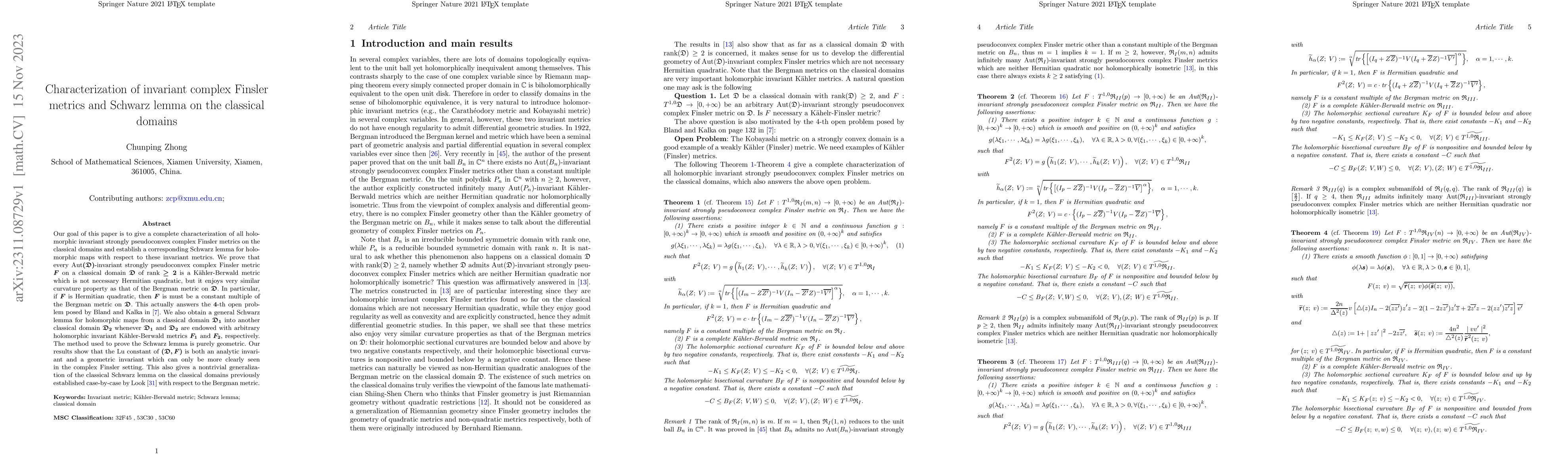 Thumbnail for Characterization of invariant complex Finsler metrics and Schwarz lemma
  on the classical domains