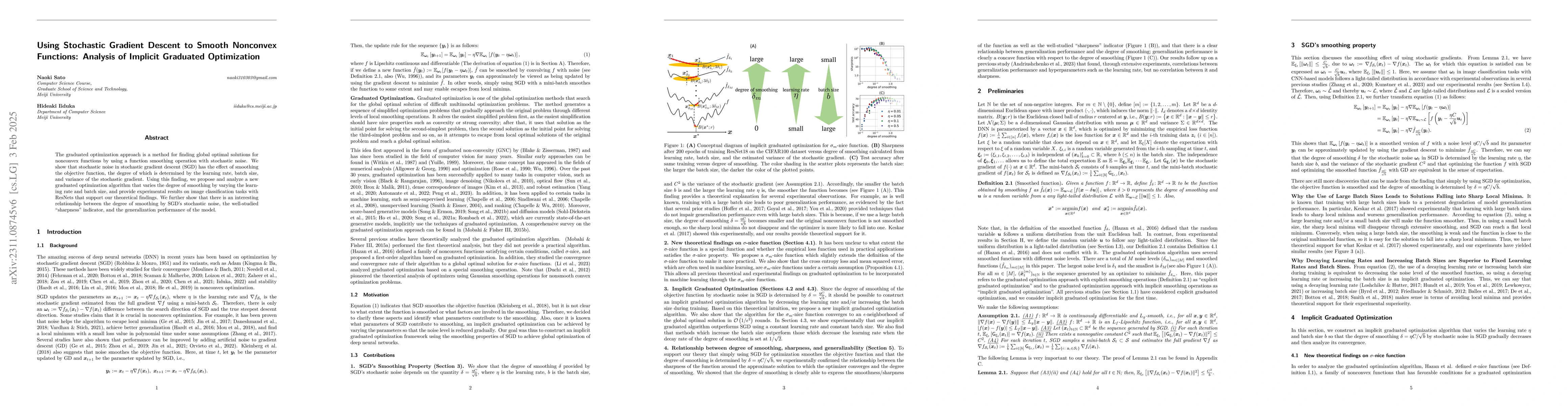 Thumbnail for Using Stochastic Gradient Descent to Smooth Nonconvex Functions:
  Analysis of Implicit Graduated Optimization with Optimal Noise Scheduling
