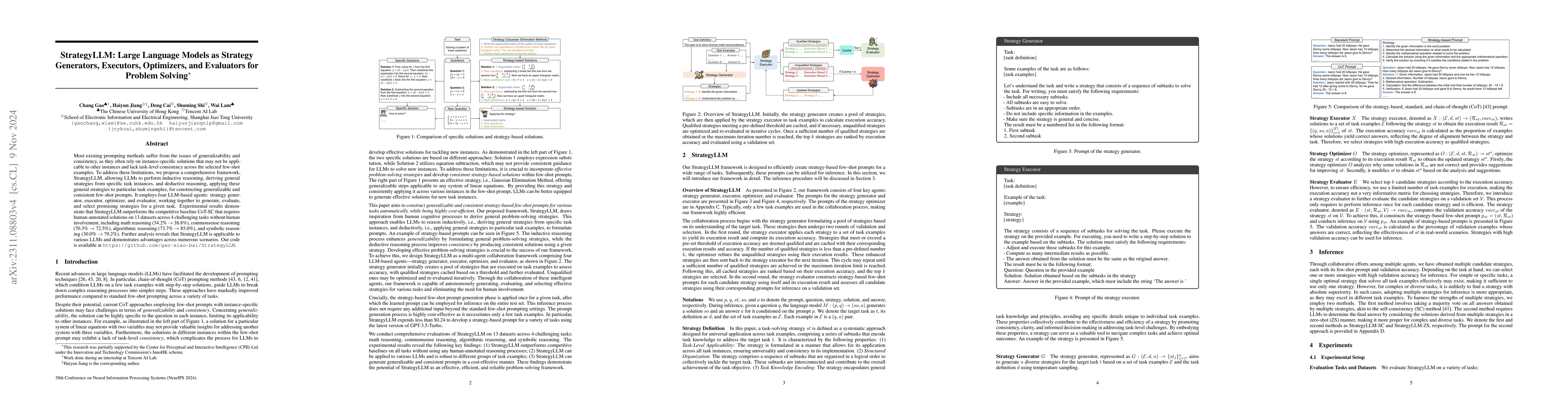 Thumbnail for StrategyLLM: Large Language Models as Strategy Generators, Executors,
  Optimizers, and Evaluators for Problem Solving