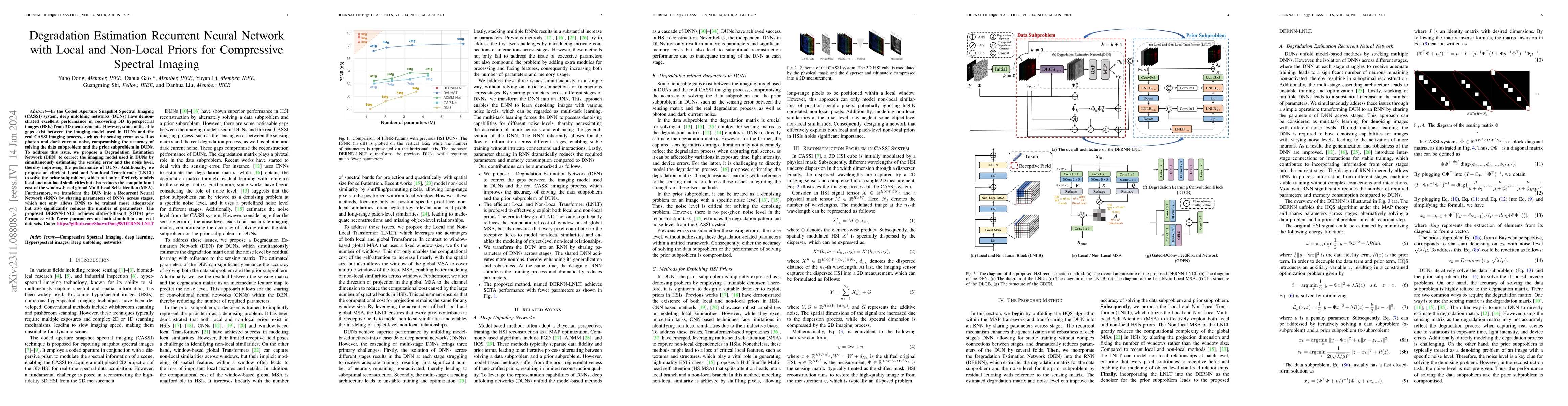Thumbnail for Degradation Estimation Recurrent Neural Network with Local and Non-Local
  Priors for Compressive Spectral Imaging