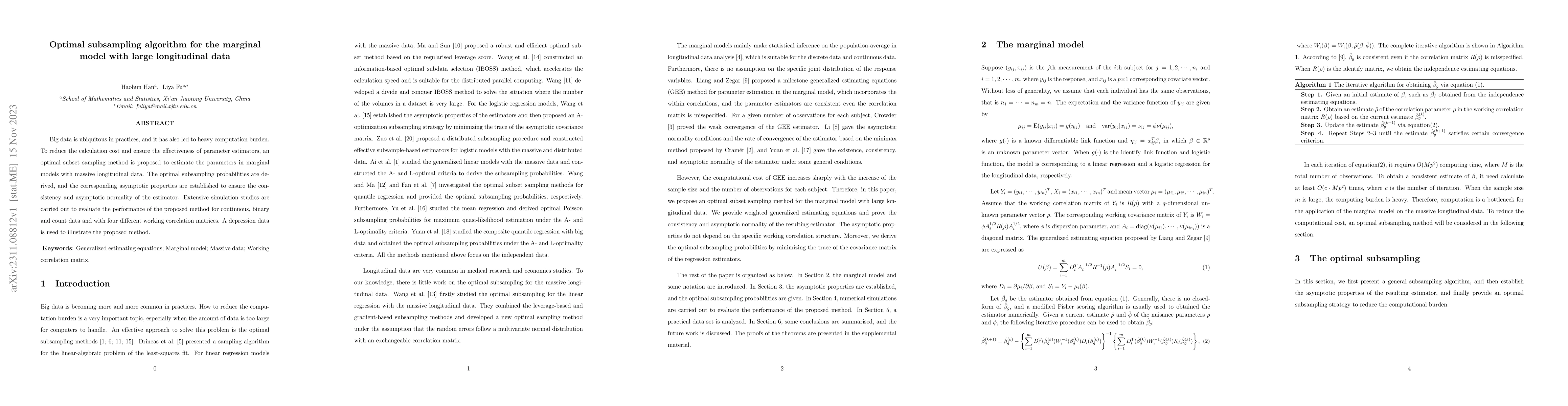 Thumbnail for Optimal subsampling algorithm for the marginal model with large
  longitudinal data