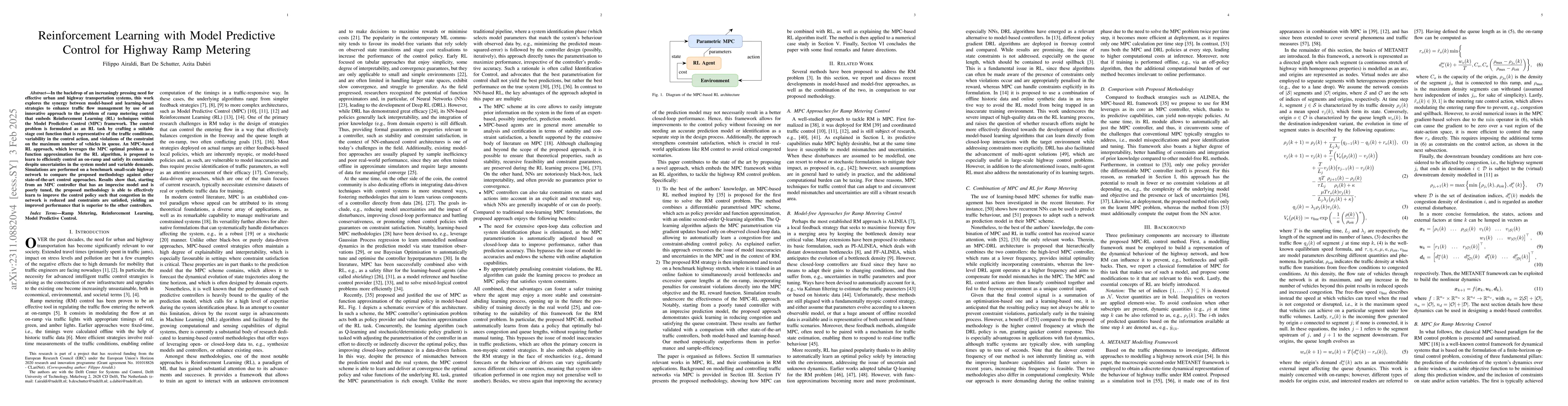 Thumbnail for Reinforcement Learning with Model Predictive Control for Highway Ramp
  Metering