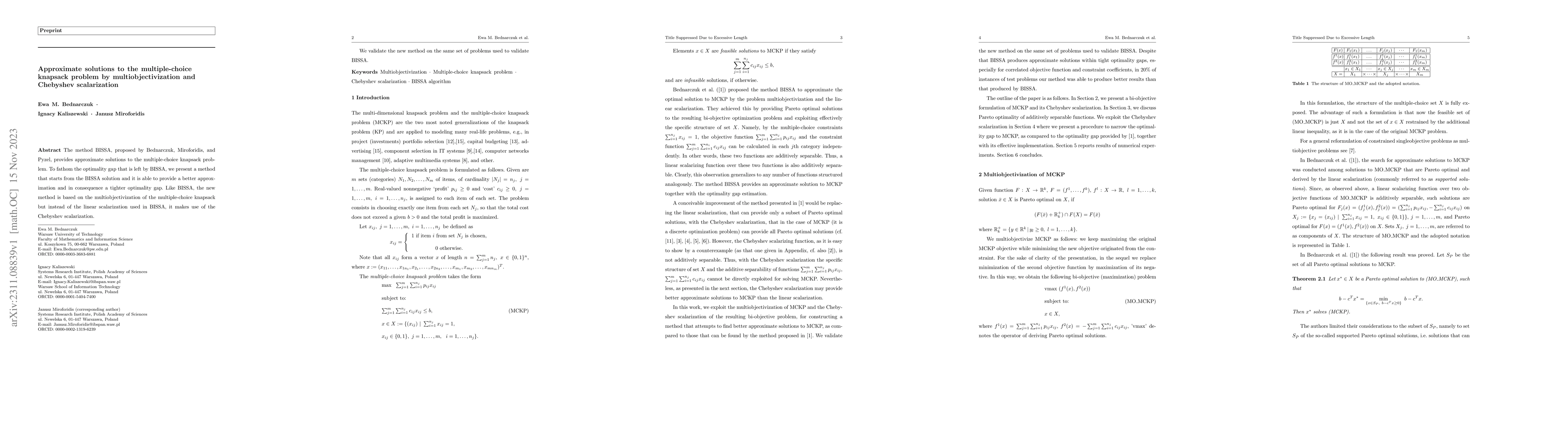 Thumbnail for Approximate solutions to the multiple-choice knapsack problem by
  multiobjectivization and Chebyshev scalarization