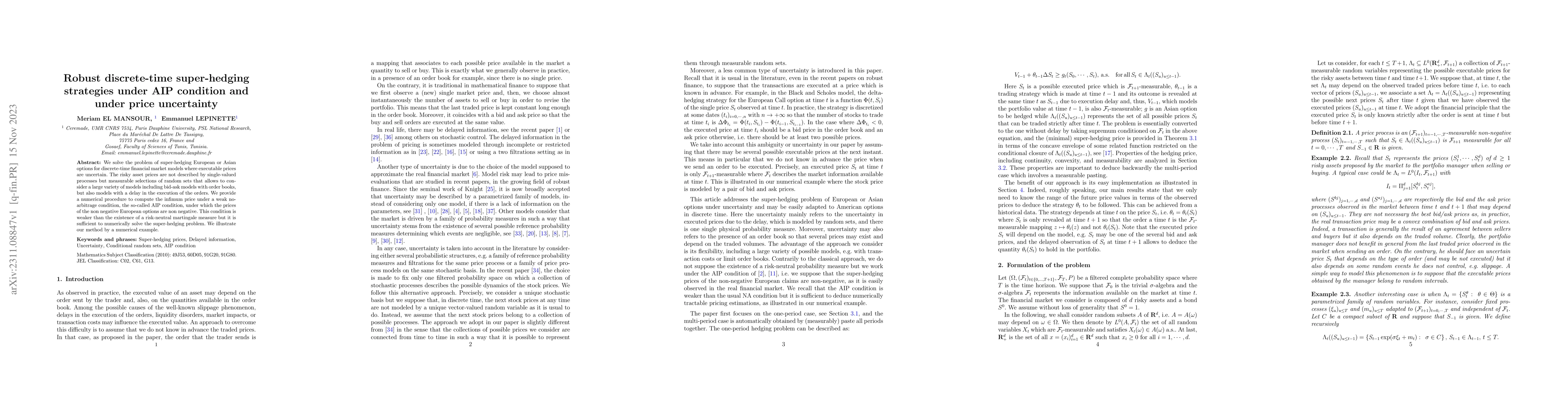 Thumbnail for Robust discrete-time super-hedging strategies under AIP condition and
  under price uncertainty