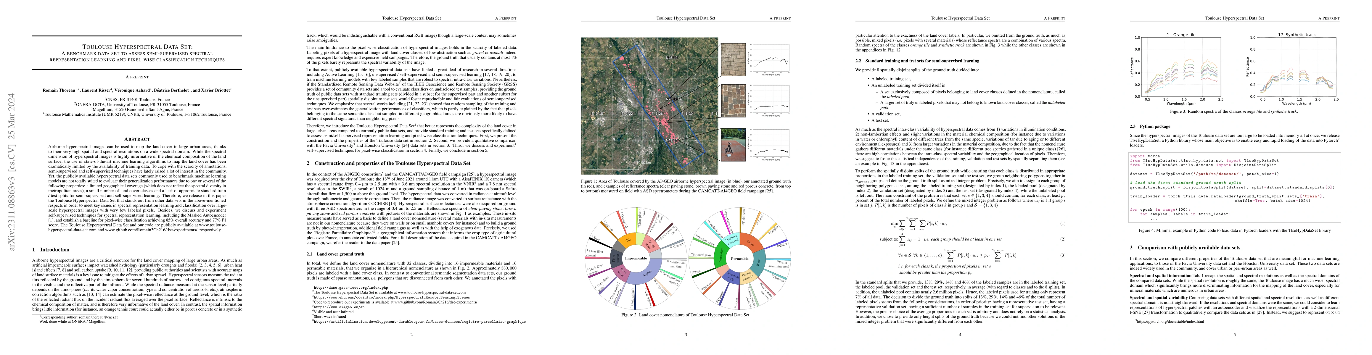 Thumbnail for Toulouse Hyperspectral Data Set: a benchmark data set to assess
  semi-supervised spectral representation learning and pixel-wise
  classification techniques