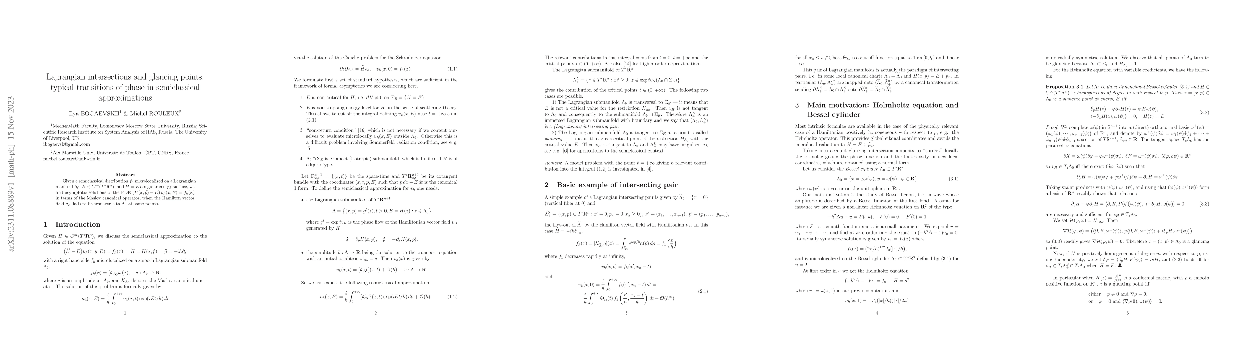Thumbnail for Lagrangian intersections and glancing points: typical transitions of
  phase in semiclassical approximations