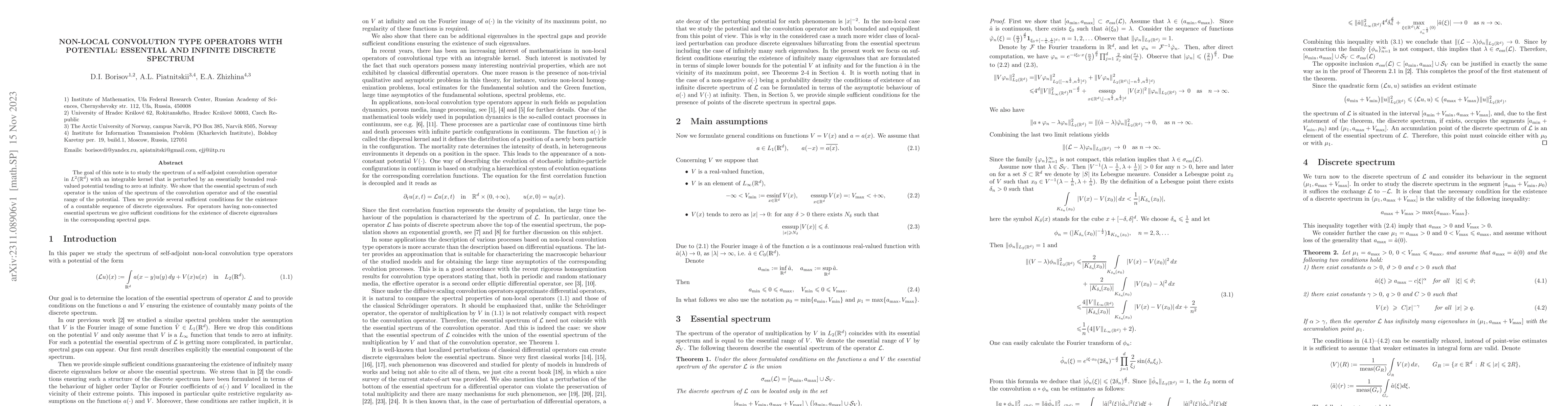 Thumbnail for Non-local convolution type operators with potential: essential and
  infinite discrete spectrum