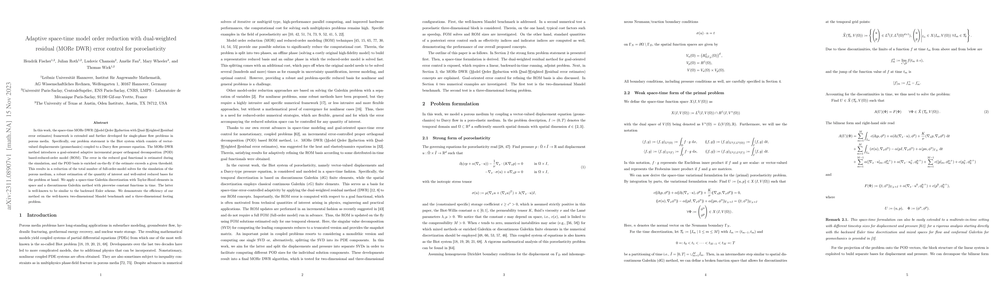 Thumbnail for Adaptive space-time model order reduction with dual-weighted residual
  (MORe DWR) error control for poroelasticity