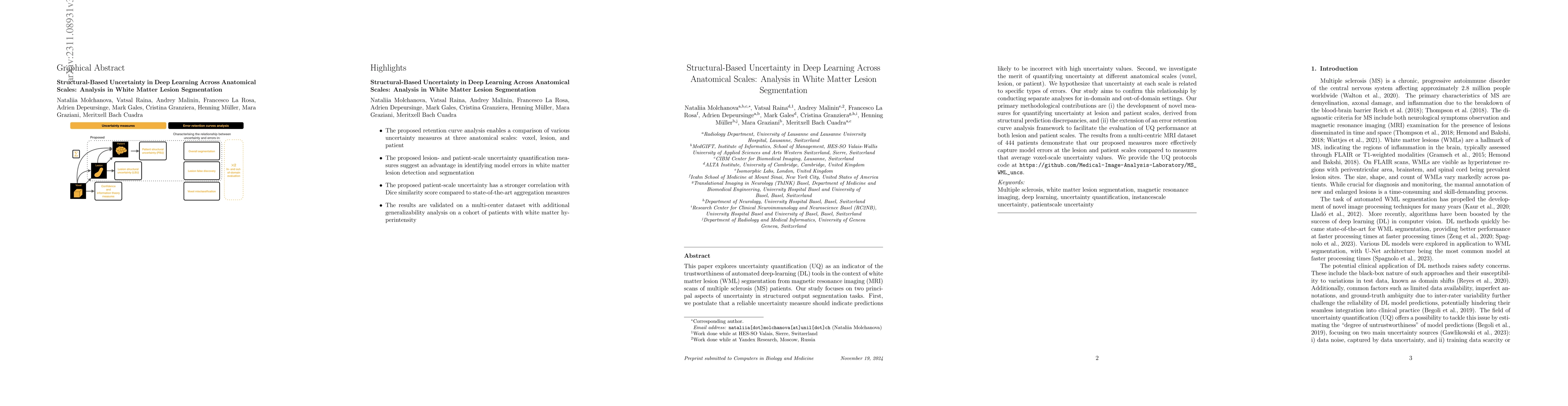 Thumbnail for Structural-Based Uncertainty in Deep Learning Across Anatomical Scales:
  Analysis in White Matter Lesion Segmentation