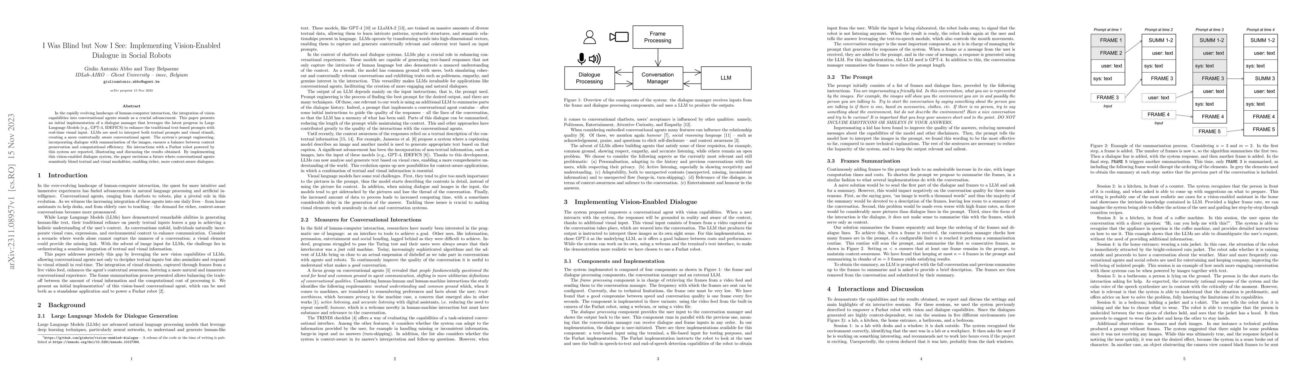 Thumbnail for I Was Blind but Now I See: Implementing Vision-Enabled Dialogue in
  Social Robots