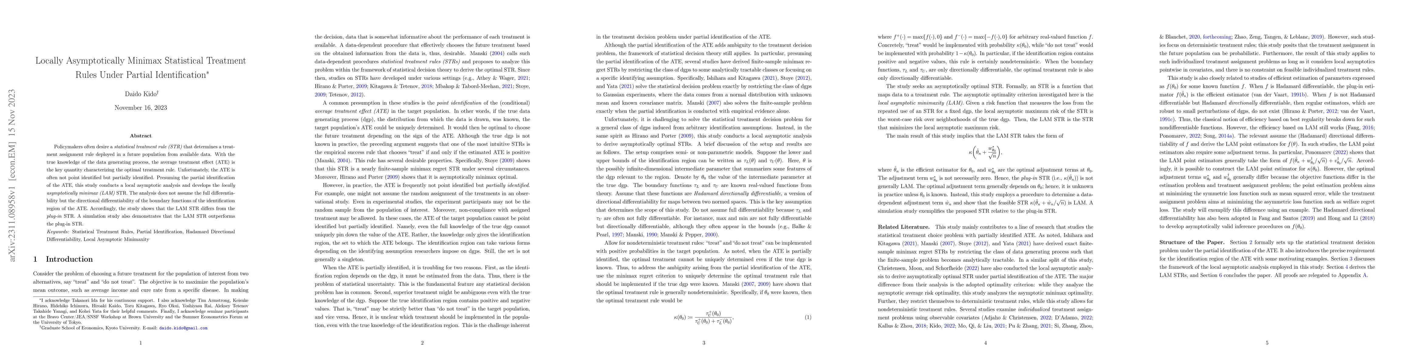 Thumbnail for Locally Asymptotically Minimax Statistical Treatment Rules Under Partial
  Identification