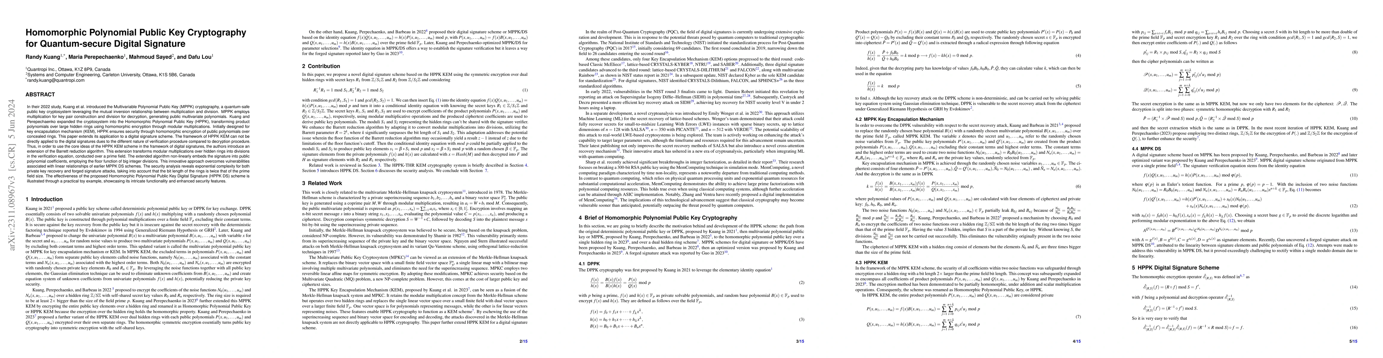 Thumbnail for Homomorphic Polynomial Public Key Cryptography for Quantum-secure
  Digital Signature