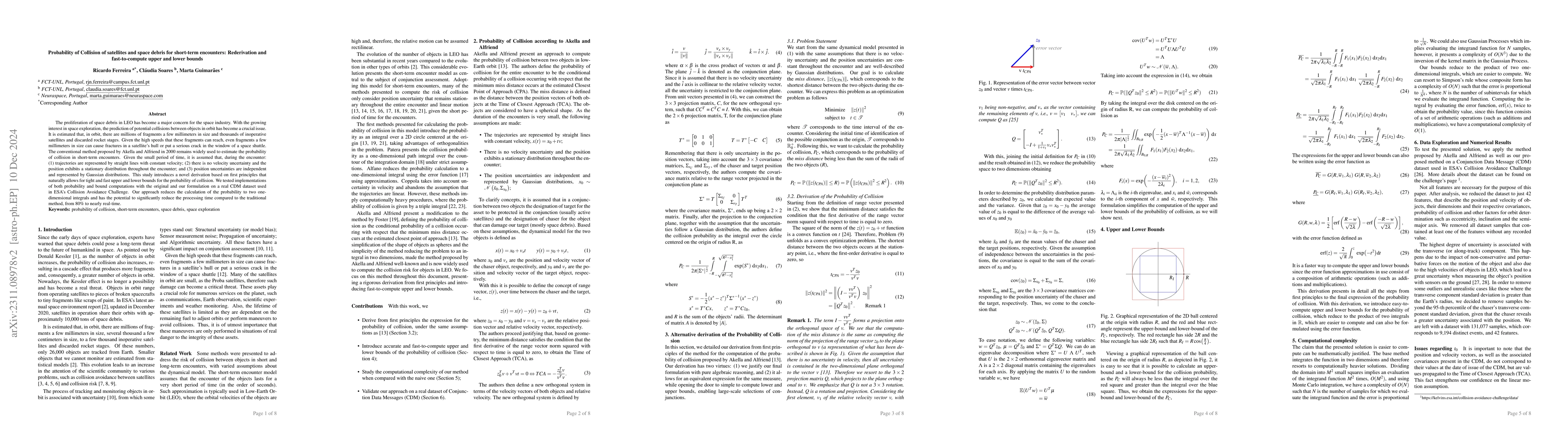 Thumbnail for Probability of Collision of satellites and space debris for short-term
  encounters: Rederivation and fast-to-compute upper and lower bounds