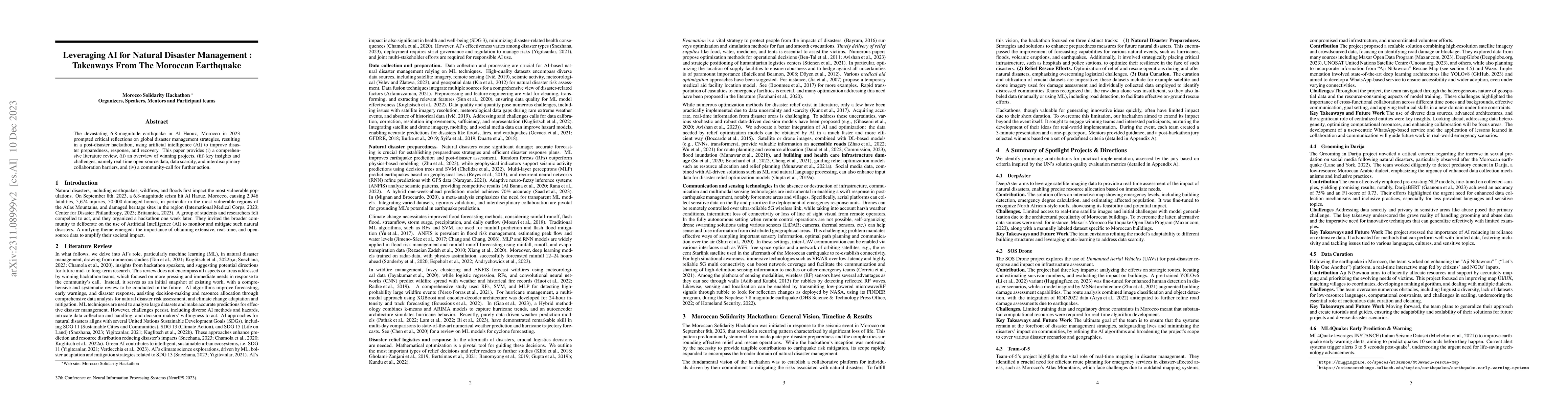 Thumbnail for Leveraging AI for Natural Disaster Management : Takeaways From The
  Moroccan Earthquake