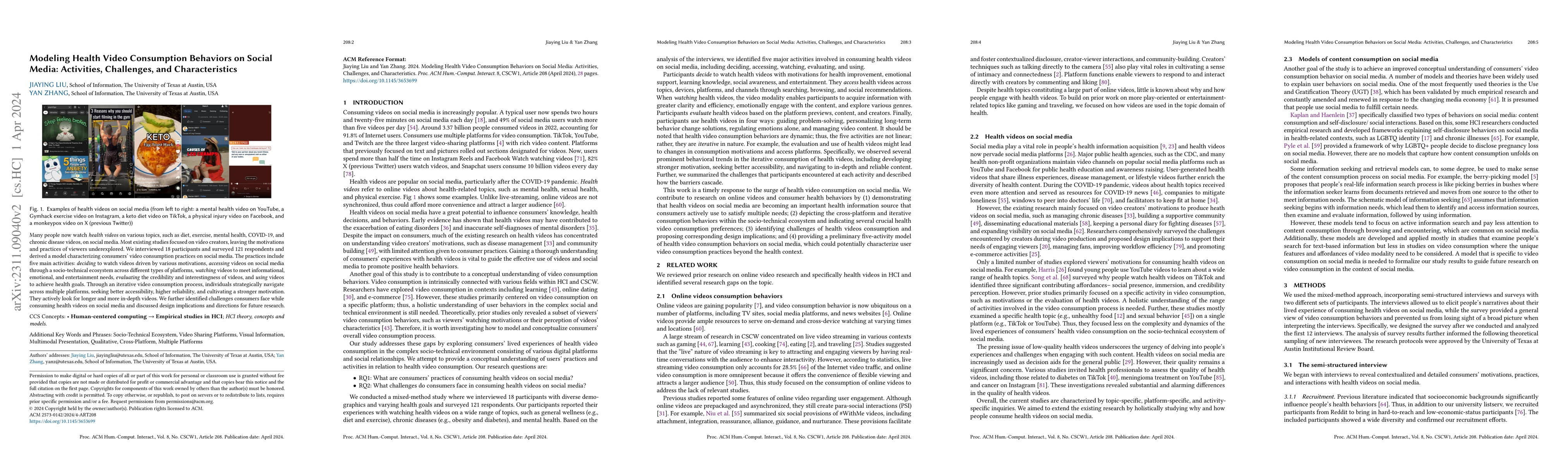 Thumbnail for Modeling Health Video Consumption Behaviors on Social Media: Activities,
  Challenges, and Characteristics