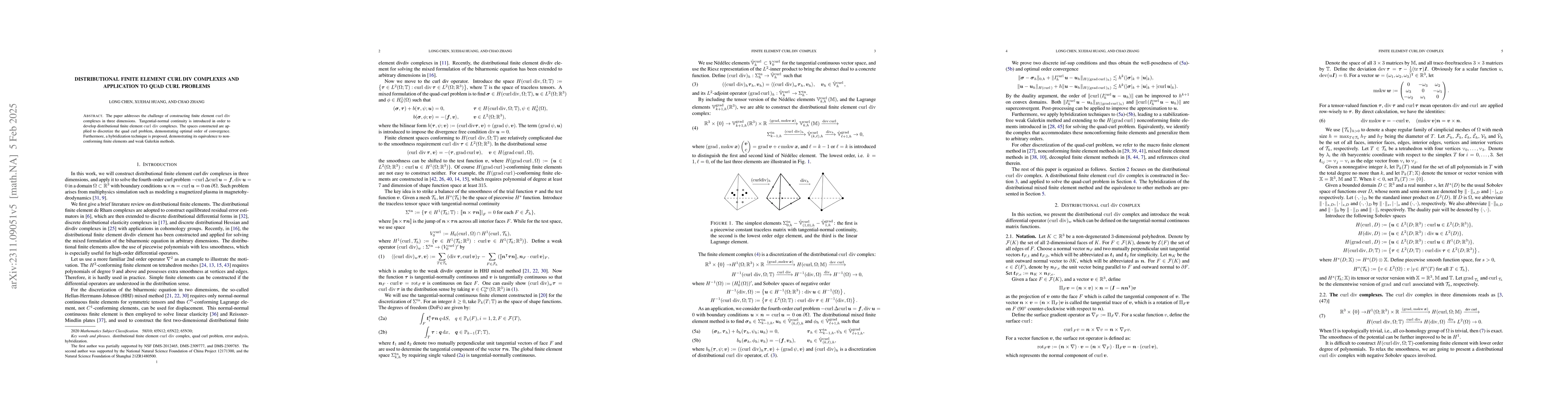 Thumbnail for Distributional Finite Element curl div Complexes and Application to Quad
  Curl Problems