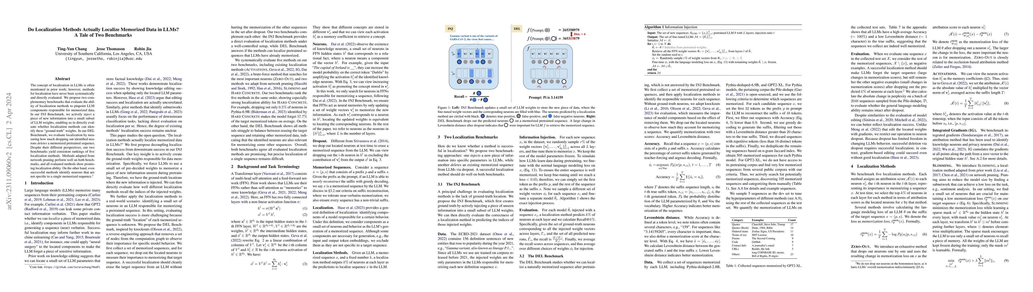 Thumbnail for Do Localization Methods Actually Localize Memorized Data in LLMs? A Tale
  of Two Benchmarks