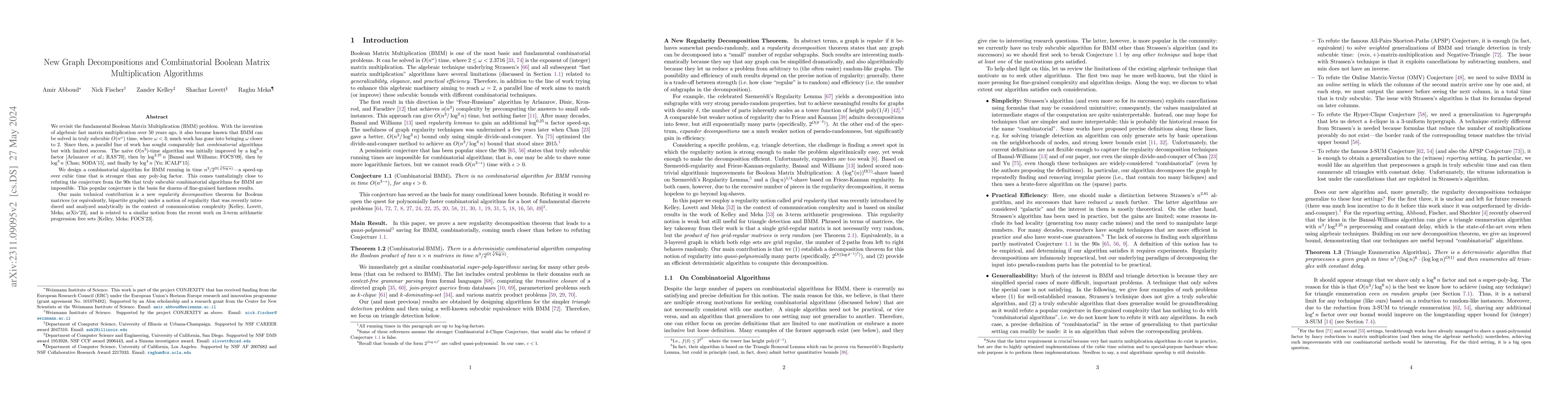 Thumbnail for New Graph Decompositions and Combinatorial Boolean Matrix Multiplication
  Algorithms