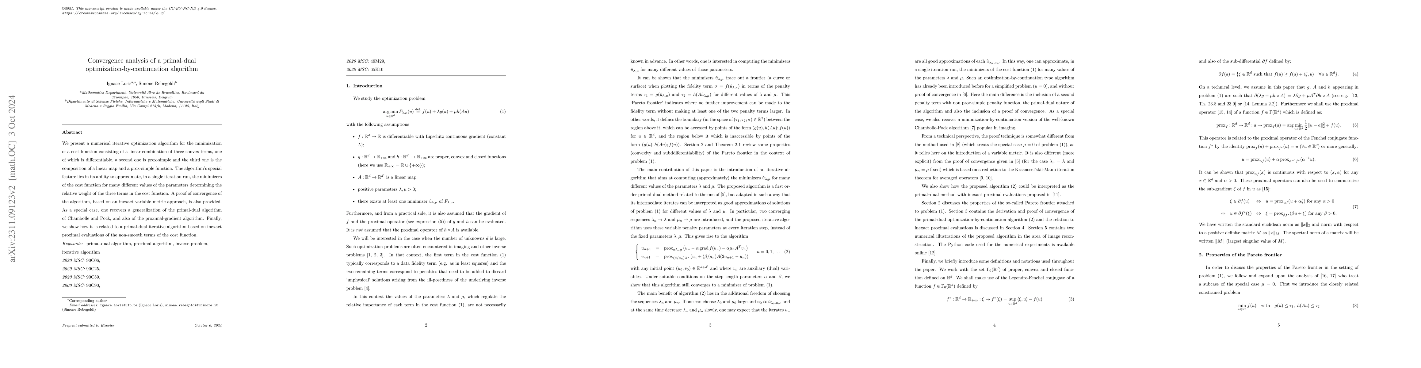 Thumbnail for Convergence analysis of a primal-dual optimization-by-continuation
  algorithm