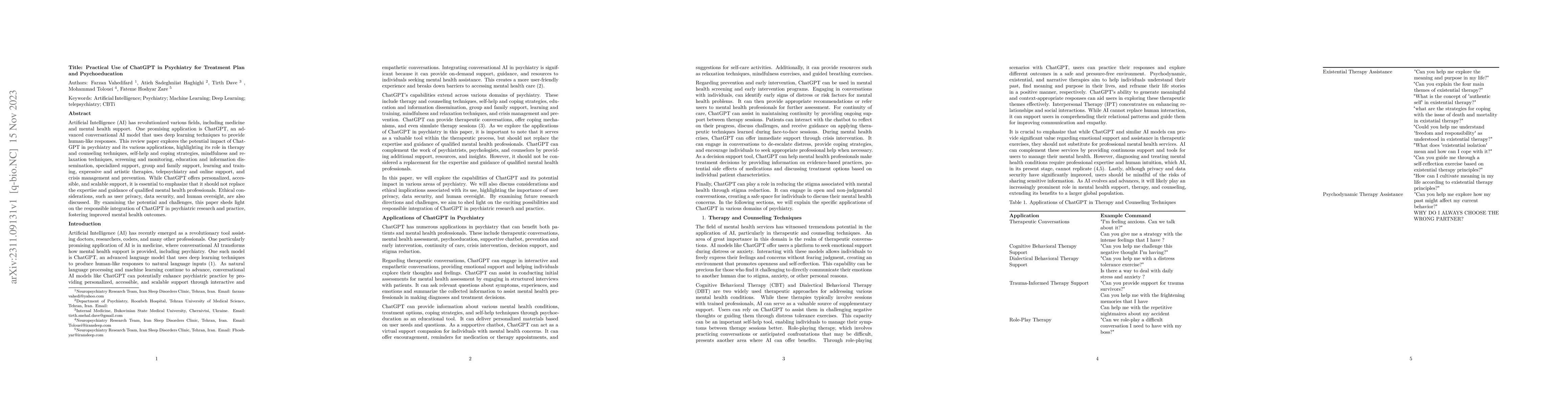Thumbnail for Practical Use of ChatGPT in Psychiatry for Treatment Plan and
  Psychoeducation