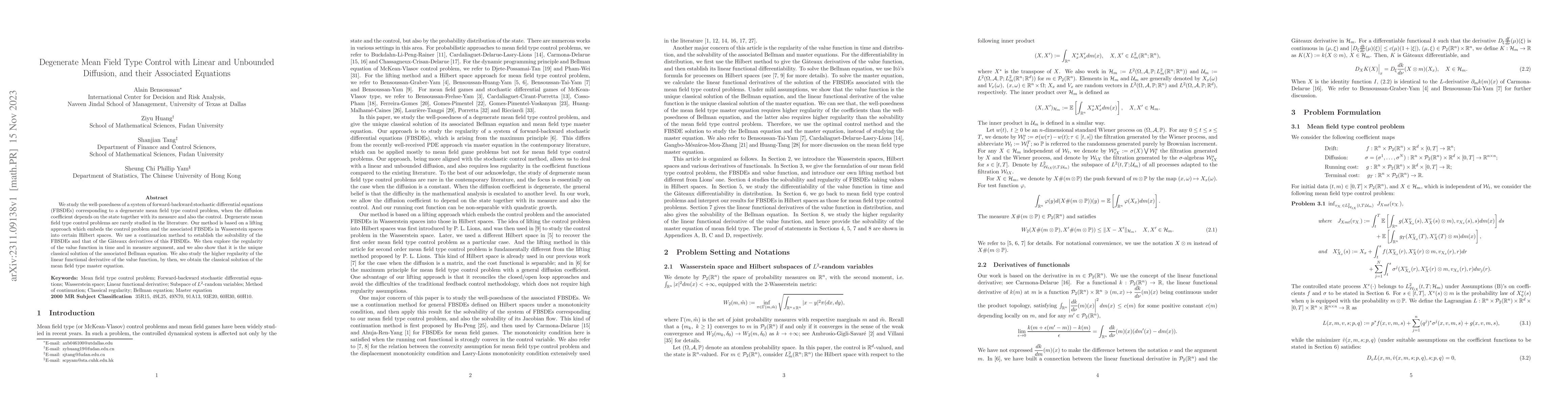 Thumbnail for Degenerate Mean Field Type Control with Linear and Unbounded Diffusion,
  and their Associated Equations