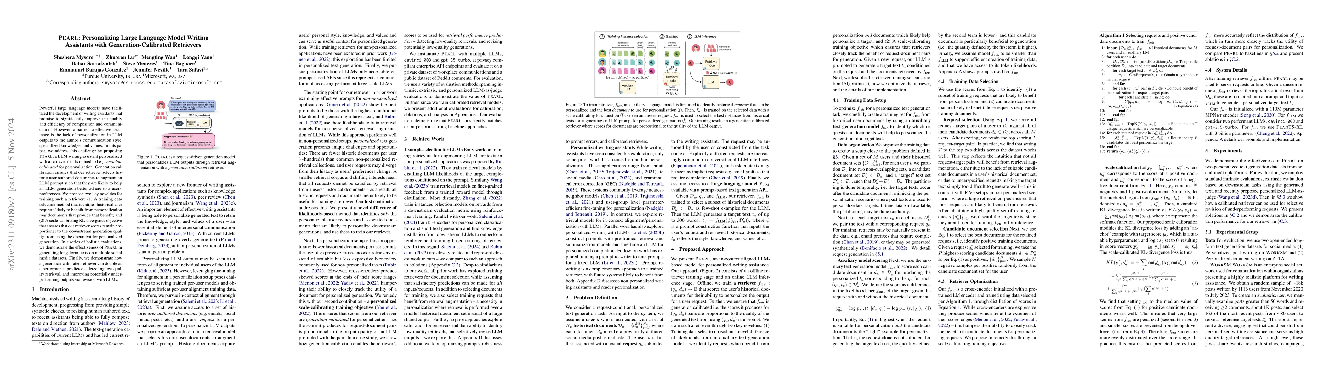 Thumbnail for PEARL: Personalizing Large Language Model Writing Assistants with
  Generation-Calibrated Retrievers