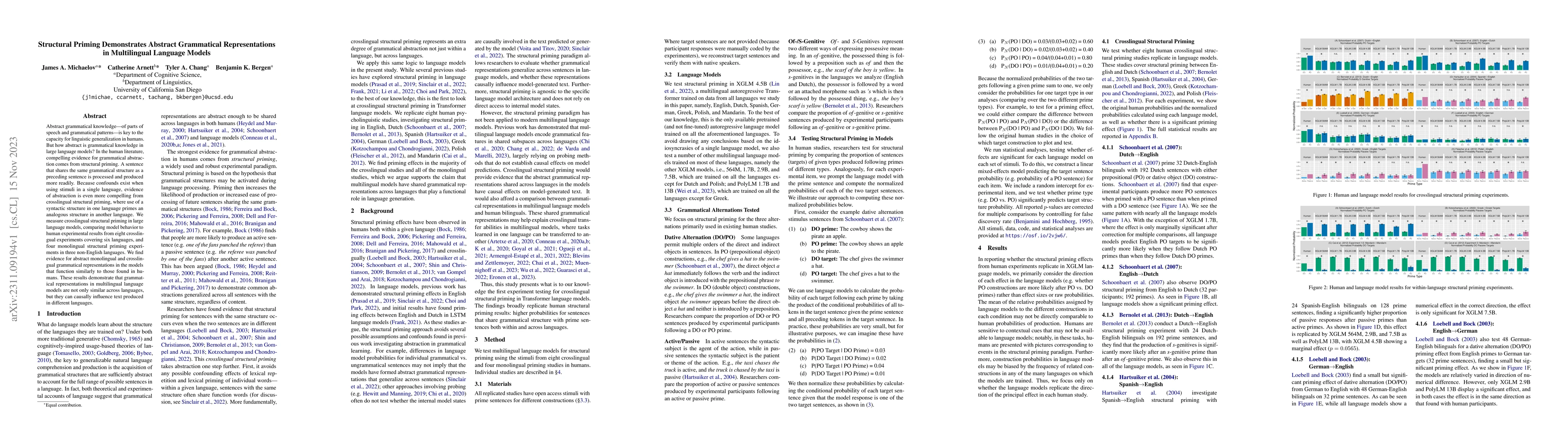 Thumbnail for Structural Priming Demonstrates Abstract Grammatical Representations in
  Multilingual Language Models