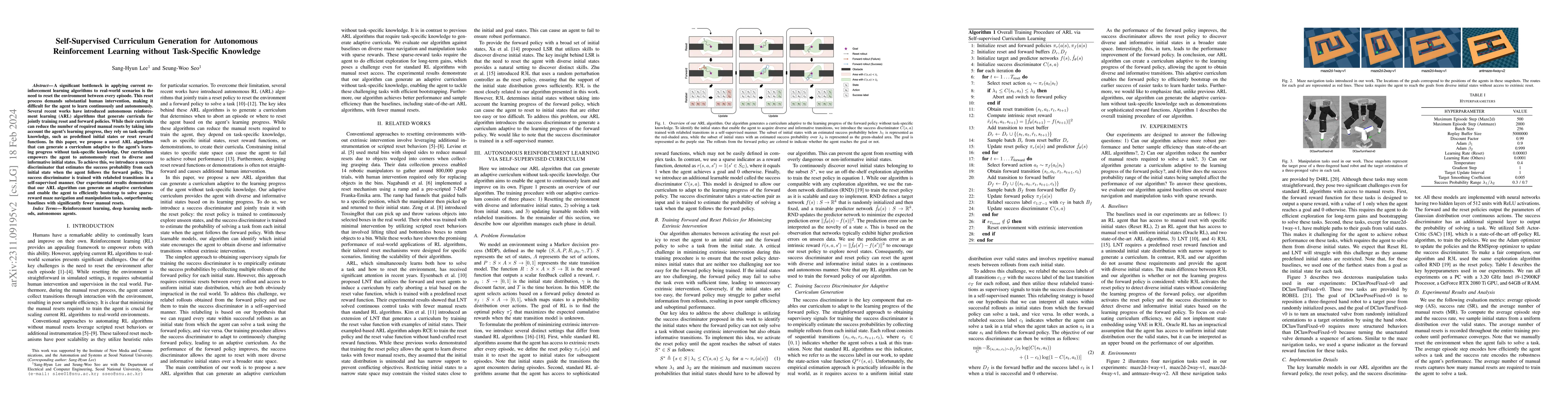 Thumbnail for Self-Supervised Curriculum Generation for Autonomous Reinforcement
  Learning without Task-Specific Knowledge