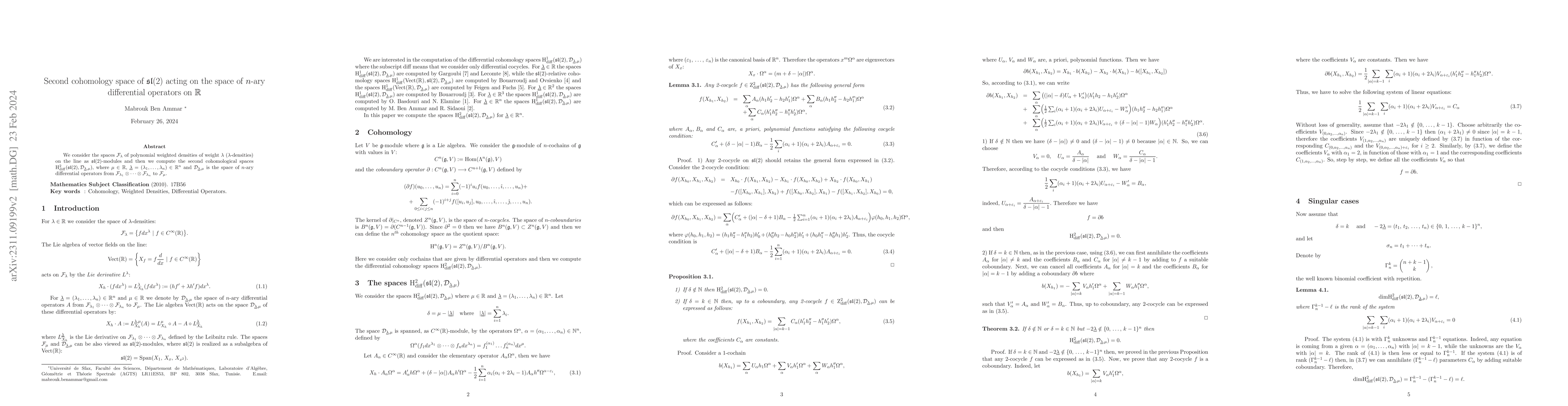 Thumbnail for Second cohomology space of $\frak {sl}(2)$ acting on the space of
  $n$-ary differential operators on $\mathbb{R}$