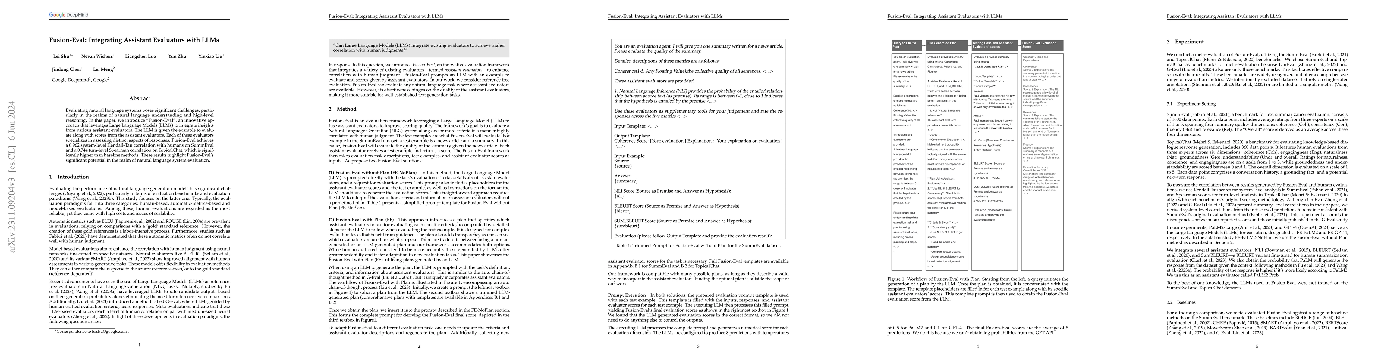 Thumbnail for Fusion-Eval: Integrating Assistant Evaluators with LLMs