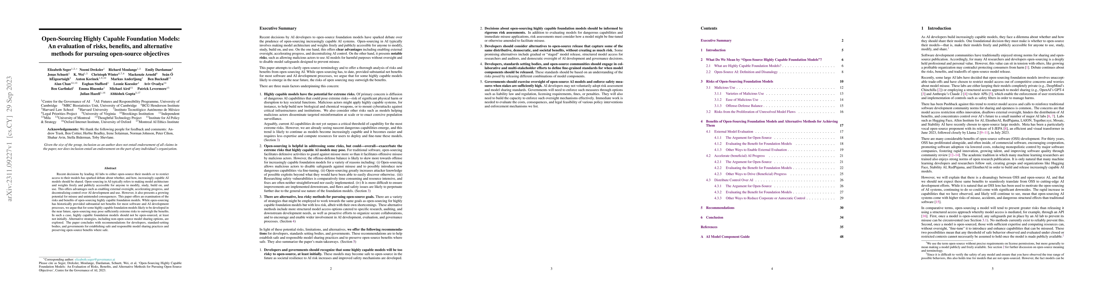 Thumbnail for Open-Sourcing Highly Capable Foundation Models: An evaluation of risks,
  benefits, and alternative methods for pursuing open-source objectives