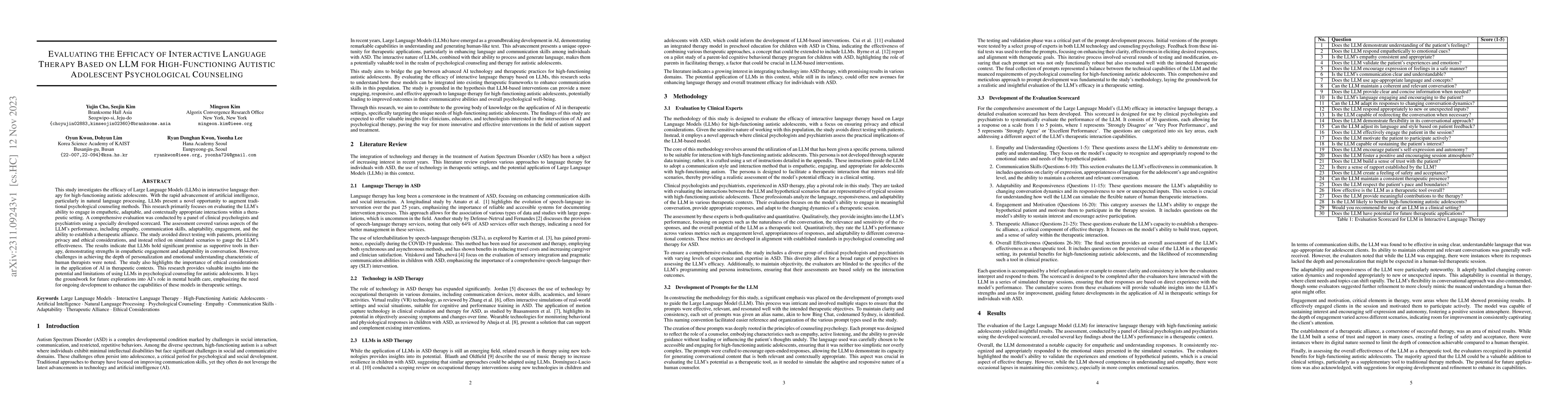 Thumbnail for Evaluating the Efficacy of Interactive Language Therapy Based on LLM for
  High-Functioning Autistic Adolescent Psychological Counseling