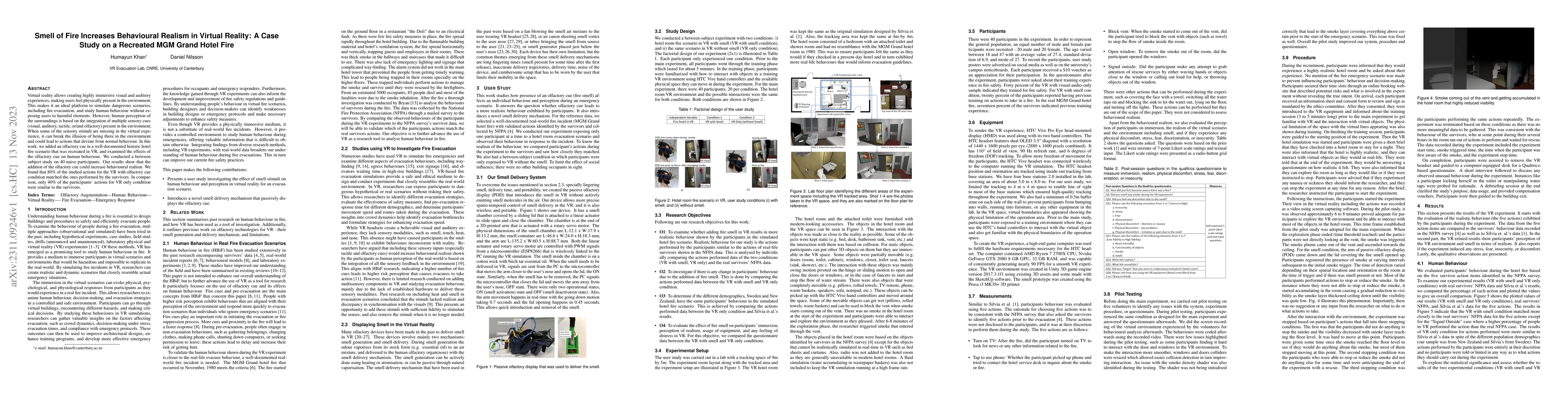 Thumbnail for Smell of Fire Increases Behavioural Realism in Virtual Reality: A Case
  Study on a Recreated MGM Grand Hotel Fire