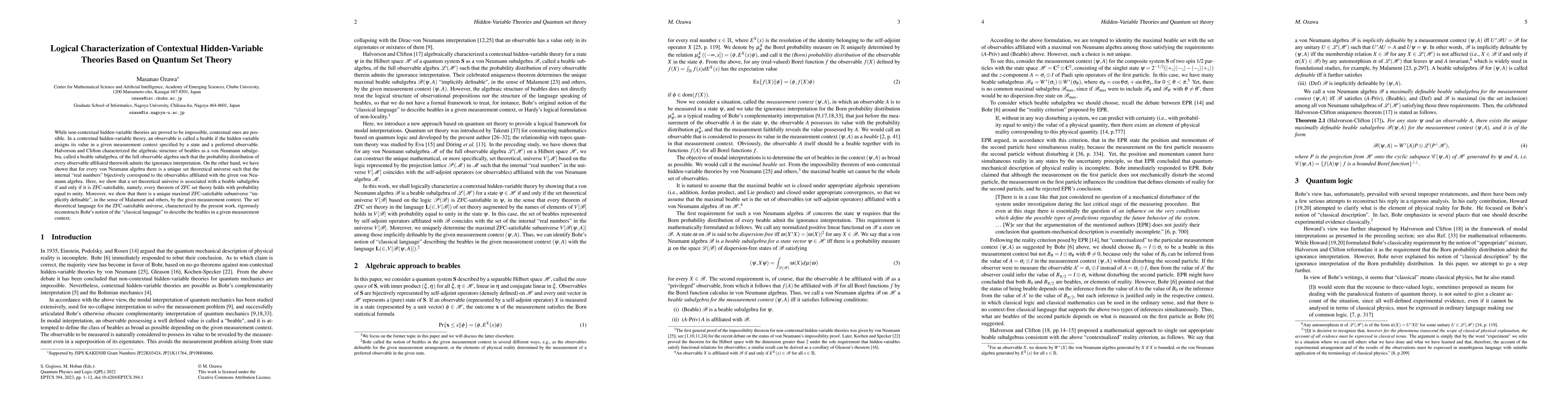 Thumbnail for Logical Characterization of Contextual Hidden-Variable Theories based on
  Quantum Set Theory