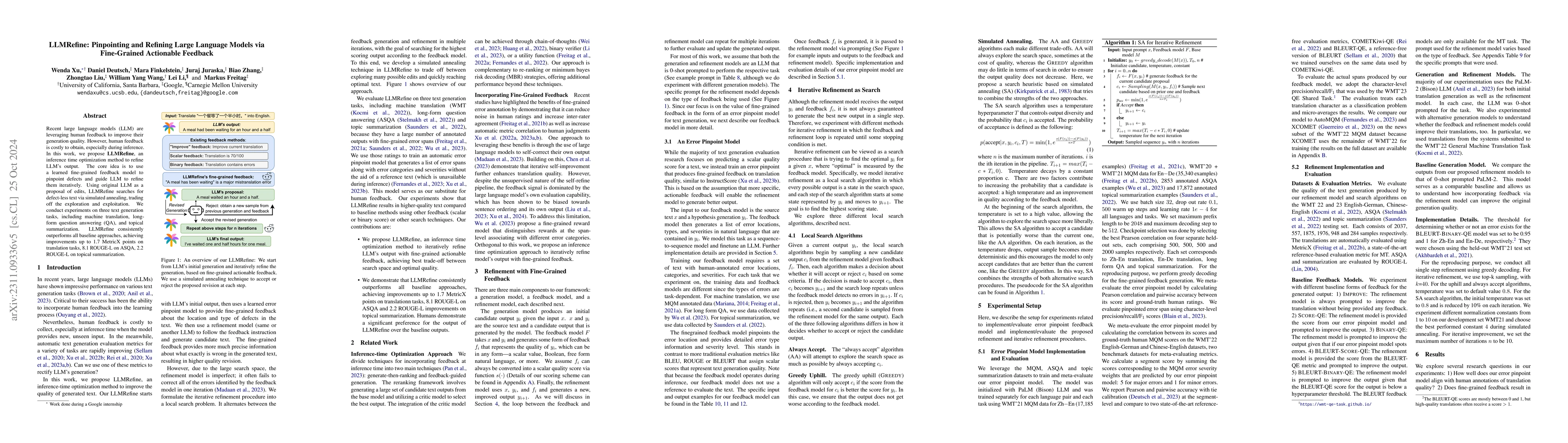 Thumbnail for LLMRefine: Pinpointing and Refining Large Language Models via
  Fine-Grained Actionable Feedback